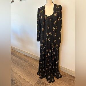 Caron International  floral dress and jacket set VTG 70s EUC SZL black maxi